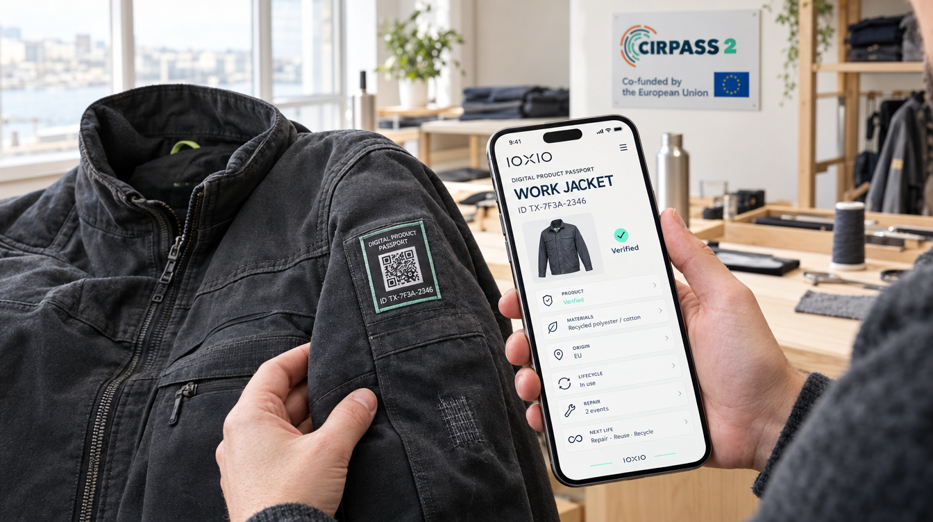 Circular workwear garment with its digital product passport open on a phone