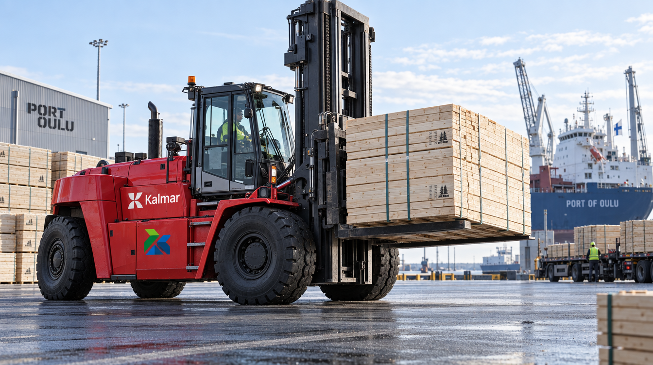 Heavy forklift loading timber at a Northern European port with a cargo vessel in the background