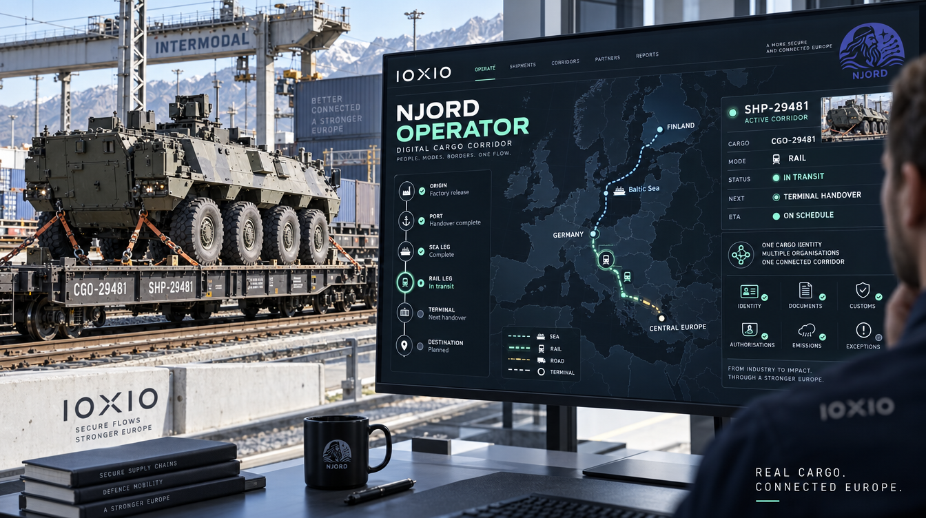Operator following a rail cargo shipment on the NJORD digital corridor interface, with military vehicle on a flatcar in a terminal behind