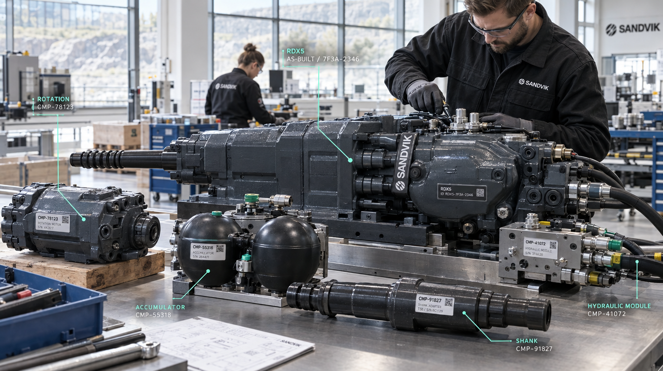 Industrial machine components identified and assembled into an as-built machine in a factory